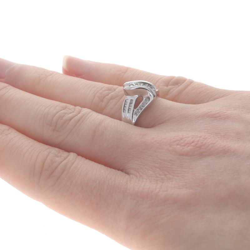 Women's White Gold Diamond Crossover Ring - 10k Single Cut & Baguette .25ctw Ribbon For Sale