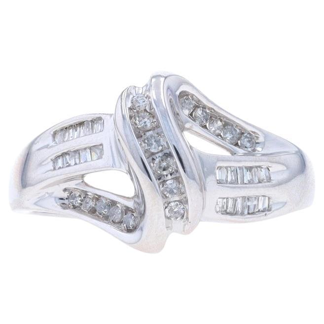 White Gold Diamond Crossover Ring - 10k Single Cut & Baguette .25ctw Ribbon