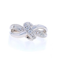 White Gold Diamond Crossover Ring - 14k Round Brilliant .20ctw Milgrain Ribbon