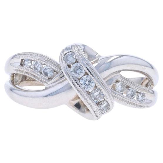 White Gold Diamond Crossover Ring - 14k Round Brilliant .20ctw Milgrain Ribbon