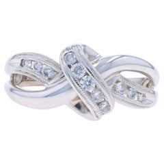 White Gold Diamond Crossover Ring - 14k Round Brilliant .20ctw Milgrain Ribbon