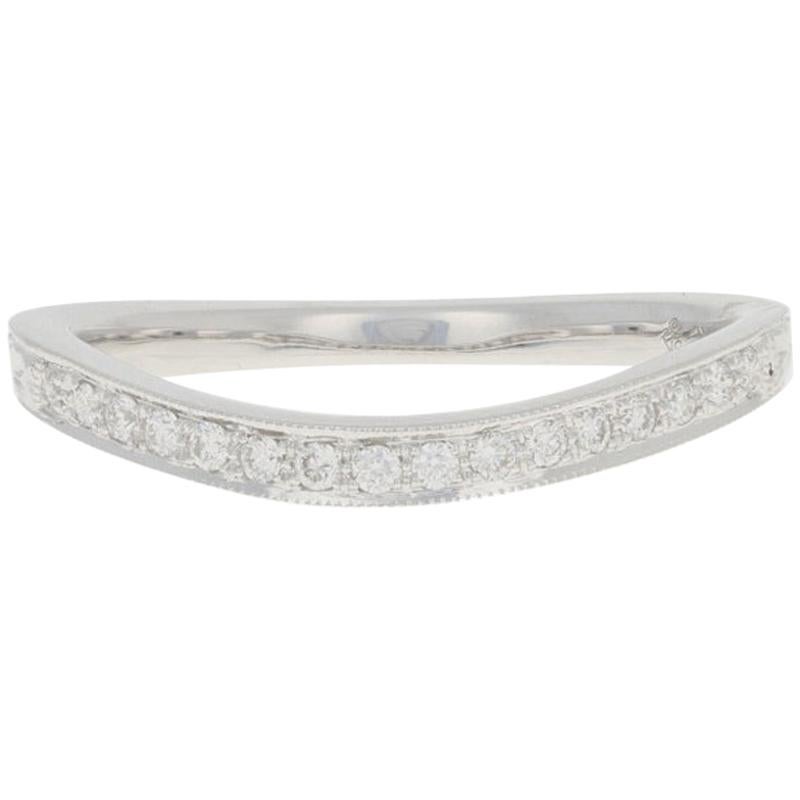 White Gold Diamond Curved Wedding Band, 18k Round Brilliant .12ct Milgrain Ring