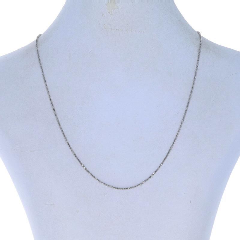 Metal Content: 14k White Gold

Chain Style: Diamond Cut Wheat
Necklace Style: Chain
Fastening Type: Lobster Claw Clasp

Measurements
Length: 16