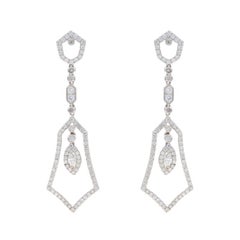 White Gold Diamond Dangle Earrings - 14k Round 1.87ctw Geometric Pierced