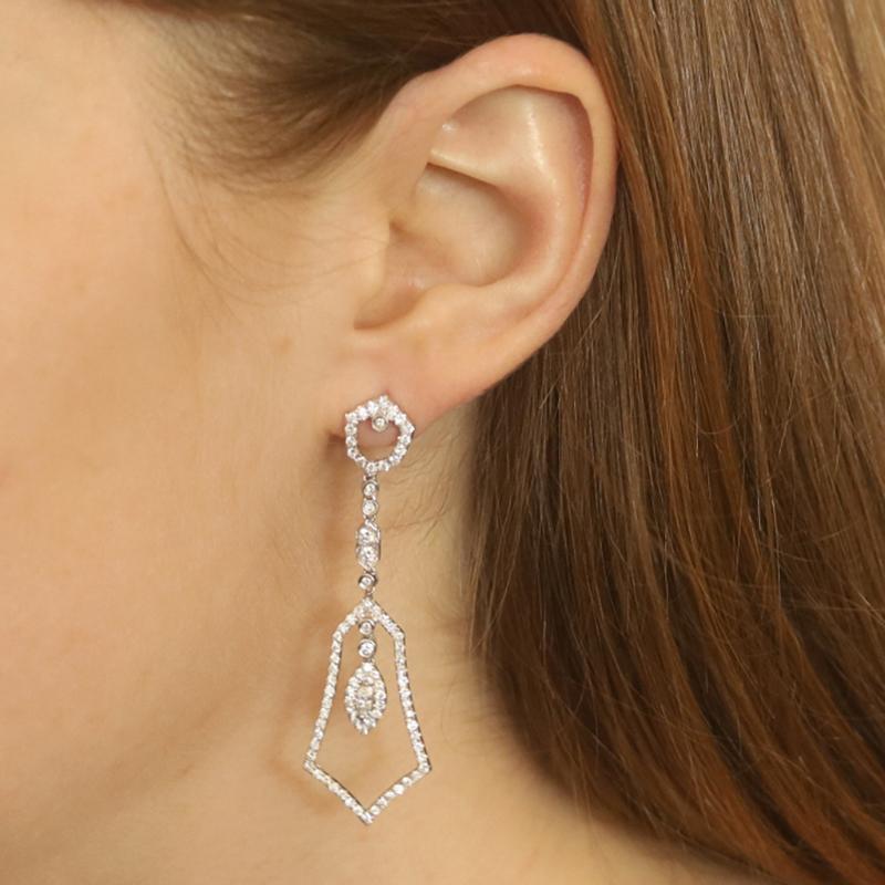 White Gold Diamond Dangle Earrings - 14k Round 1.87ctw Geometric Pierced In Excellent Condition For Sale In Greensboro, NC