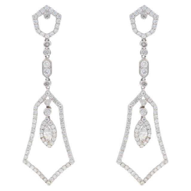 White Gold Diamond Dangle Earrings - 14k Round 1.87ctw Geometric Pierced For Sale