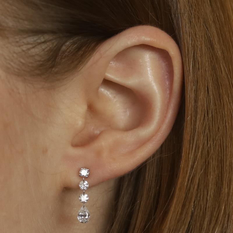 Round Cut White Gold Diamond Dangle Earrings - 14k Round Brilliant & Pear .98ctw Pierced For Sale