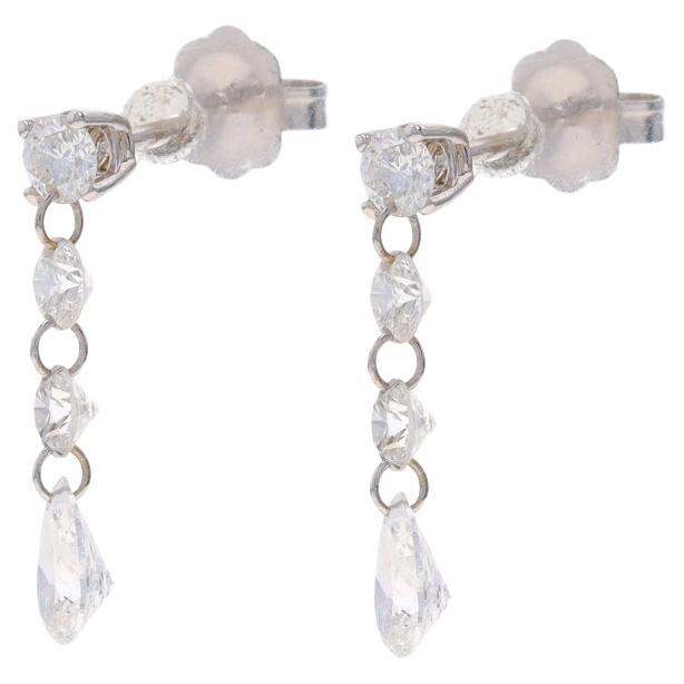 White Gold Diamond Dangle Earrings - 14k Round Brilliant & Pear .98ctw Pierced For Sale