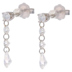 White Gold Diamond Dangle Earrings - 14k Round Brilliant & Pear .98ctw Pierced