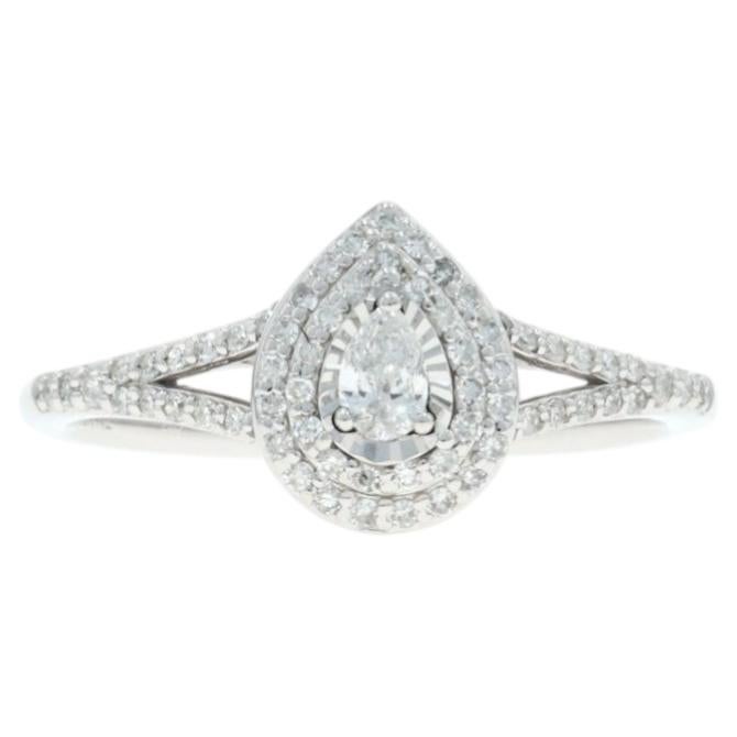 White Gold Diamond Double Halo Engagement Ring - 10k Pear & Single .33ctw