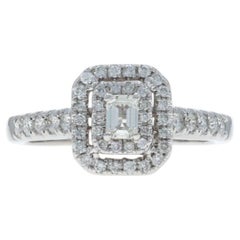 Bague de fiançailles double halo en or blanc - 14k Emeraude & Rd .50ctw
