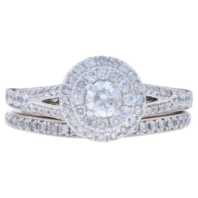 Weißgold Diamant Doppel Halo Verlobungsring & Ehering - 14k Rd 1.00ctw im Angebot