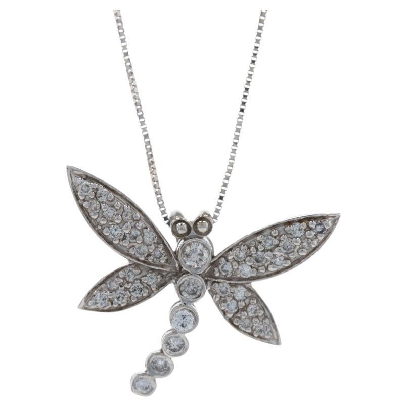 White Gold Diamond Dragonfly Pendant Necklace, 14k Round Cut .54ctw Nature