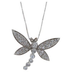 Antique White Gold Diamond Dragonfly Pendant Necklace, 14k Round Cut .54ctw Nature