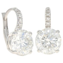 White Gold Diamond Drop Earrings, 14k Round Brilliant 4.24ct Pierced Leverbacks