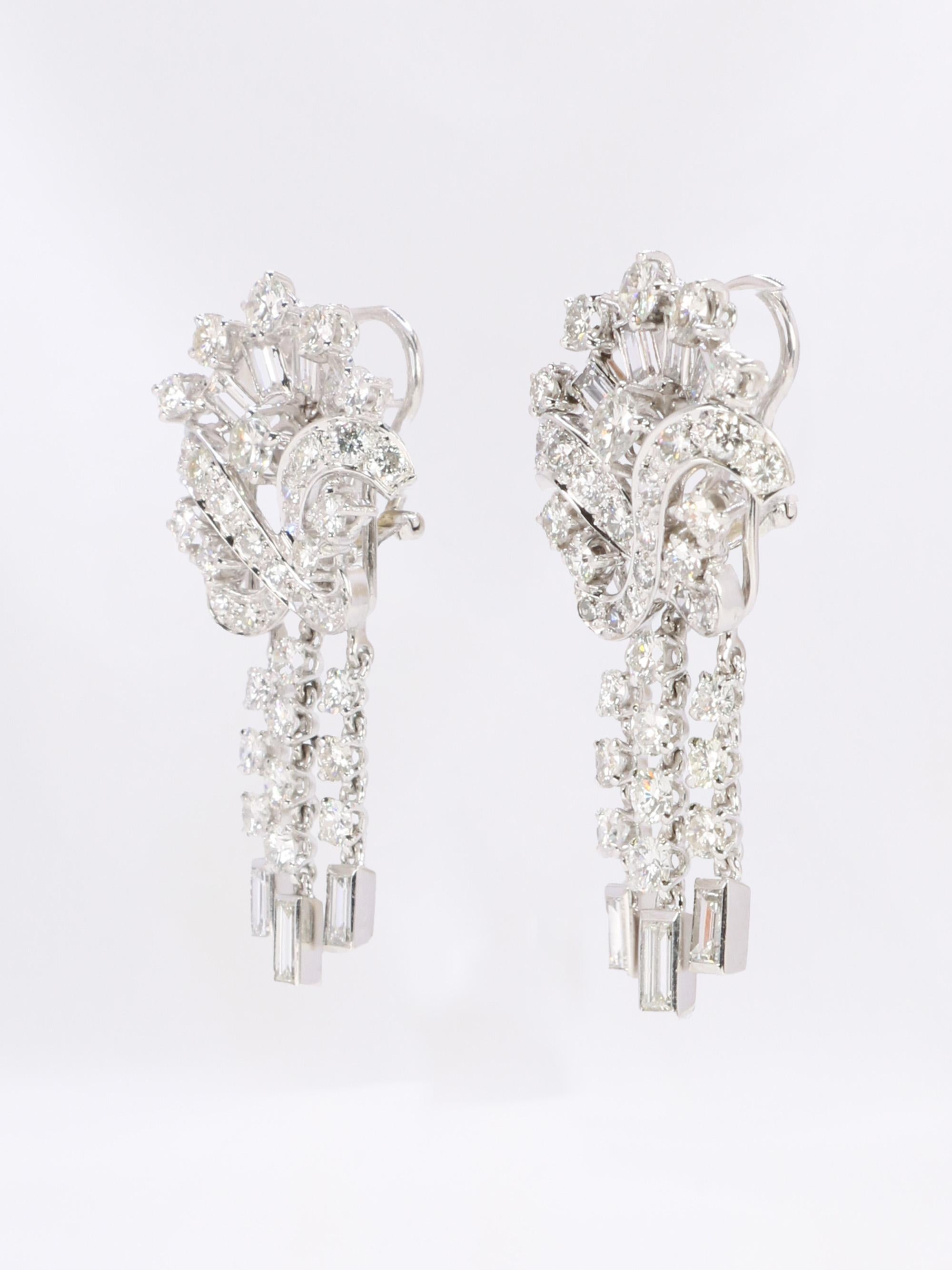 Baguette Cut White Gold Diamond Drop Earrings 4.5 Carats For Sale