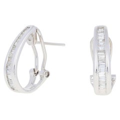 Vintage White Gold Diamond Earrings, 10k Baguette Cut .75ctw Pierced J-Hoops