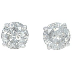 White Gold Diamond Earrings, 14k Round Brilliant Cut 1.36 Carat Pierced Studs