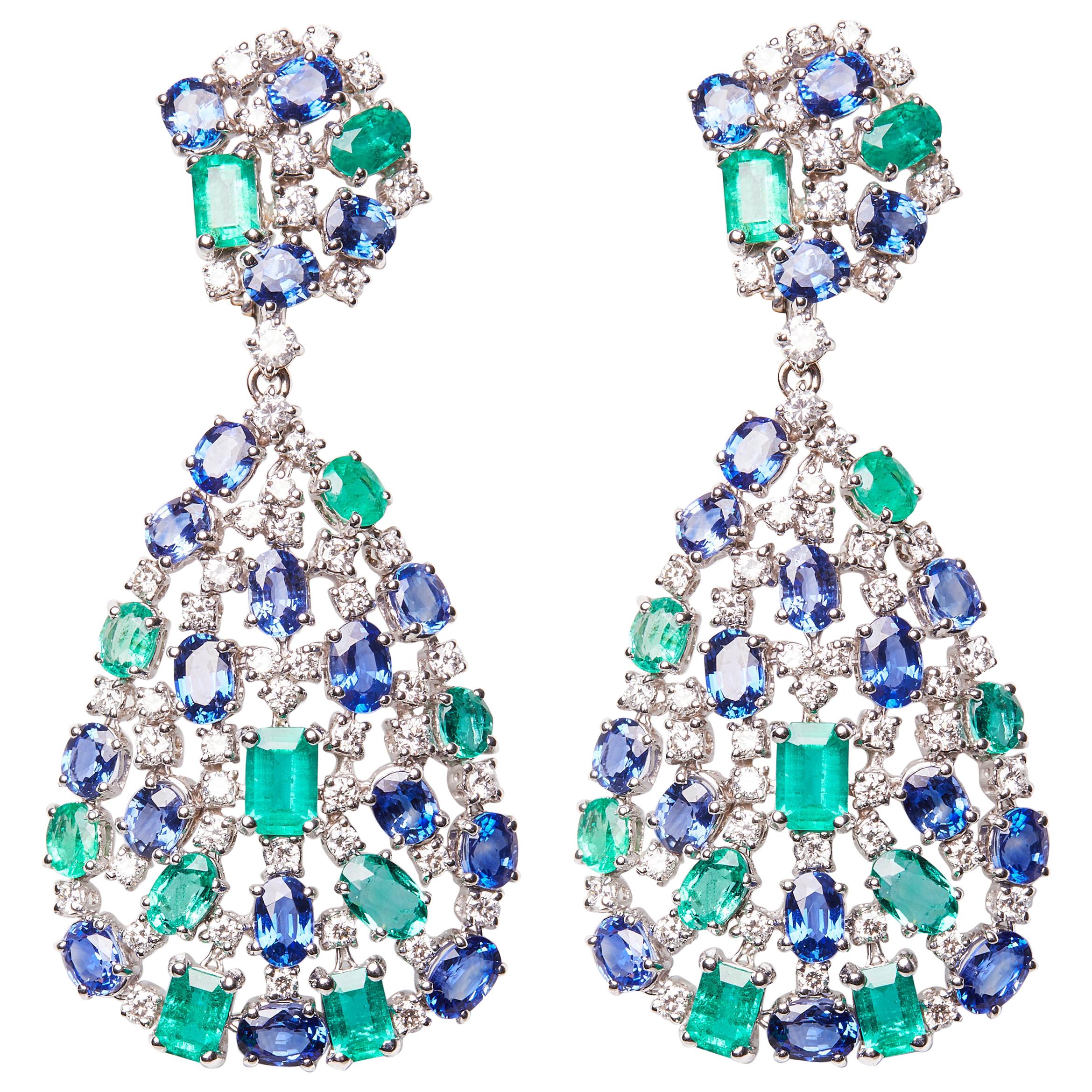 Emerald Sapphire and Diamond Leaf Drop Earrings For Sale at 1stDibs