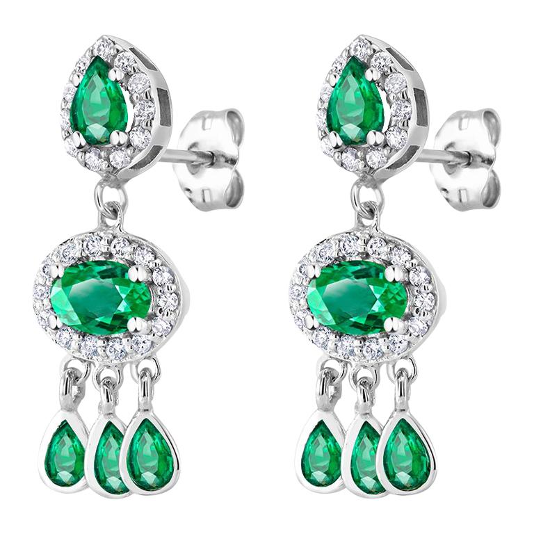 Diamond and Emerald Drop Dangle Eighteen Karat White Gold Earrings 