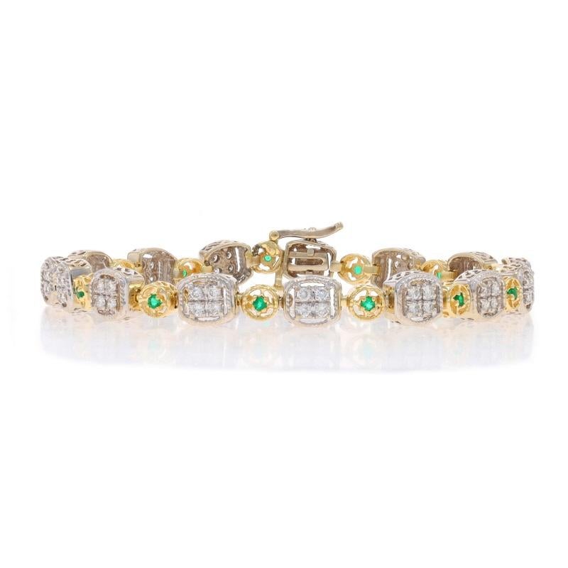 Metal Content: 14k White Gold & 14k Yellow Gold

Stone Information

Natural Diamonds
Carat(s): 1.50ctw
Cut: Round Brilliant
Color: G - H
Clarity: VS1 - SI1

Natural Emeralds
Treatment: Oiling
Carat(s): .45ctw
Cut: Round
Color: Green

Total Carats:
