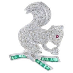 White Gold Diamond Emerald & Ruby Squirrel Brooch 14k Pin .90ctw Woodland Nature