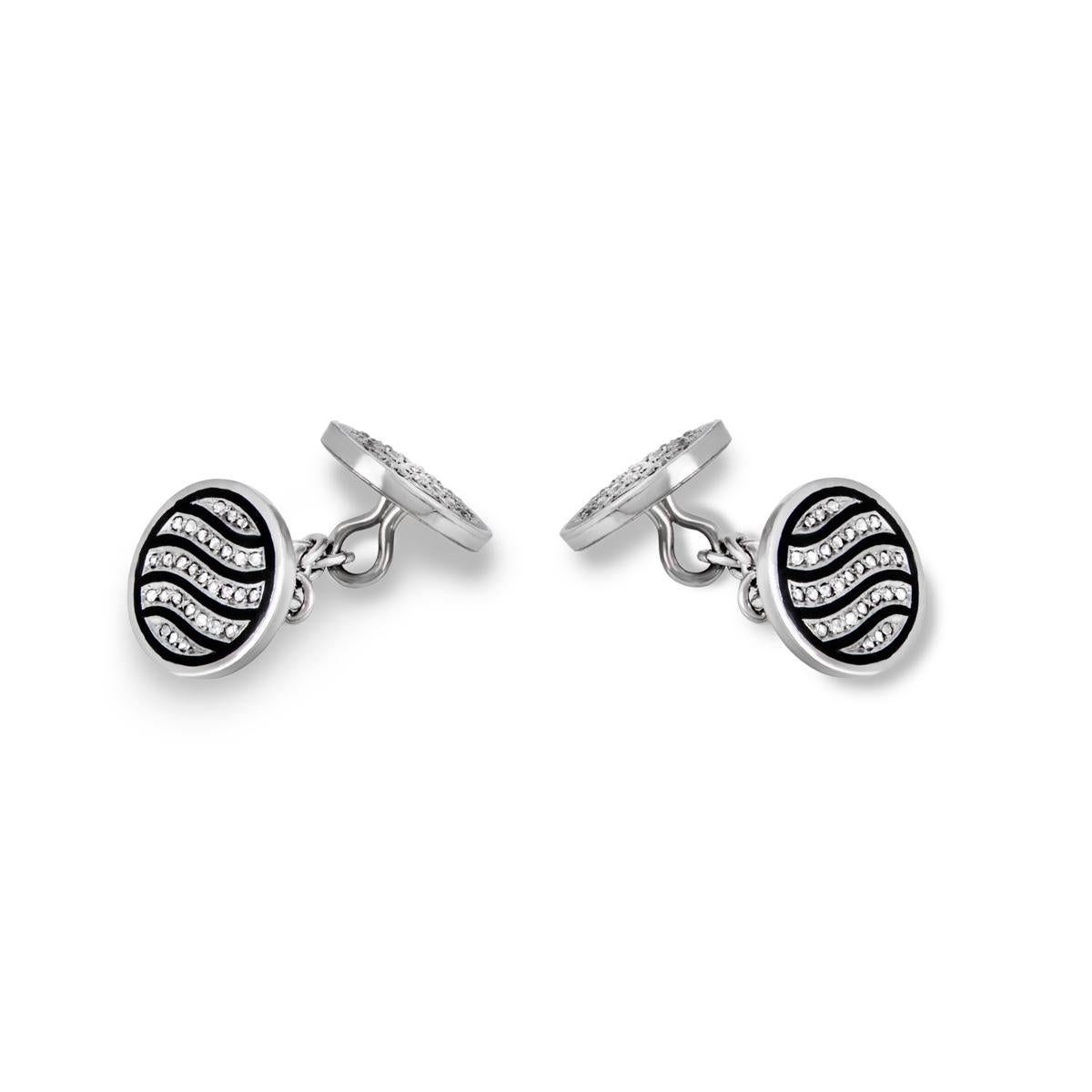 Tumbled White Gold Diamond & Enamel Cufflinks For Sale