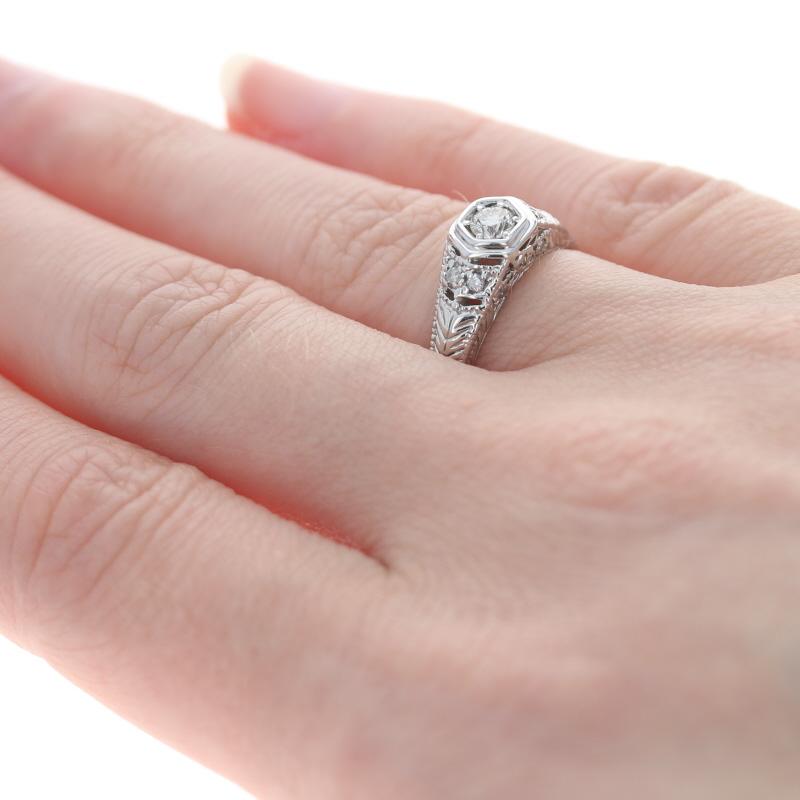 White Gold Diamond Engagement Ring, 14k Round Brilliant .30ctw Floral Milgrain In Excellent Condition In Greensboro, NC