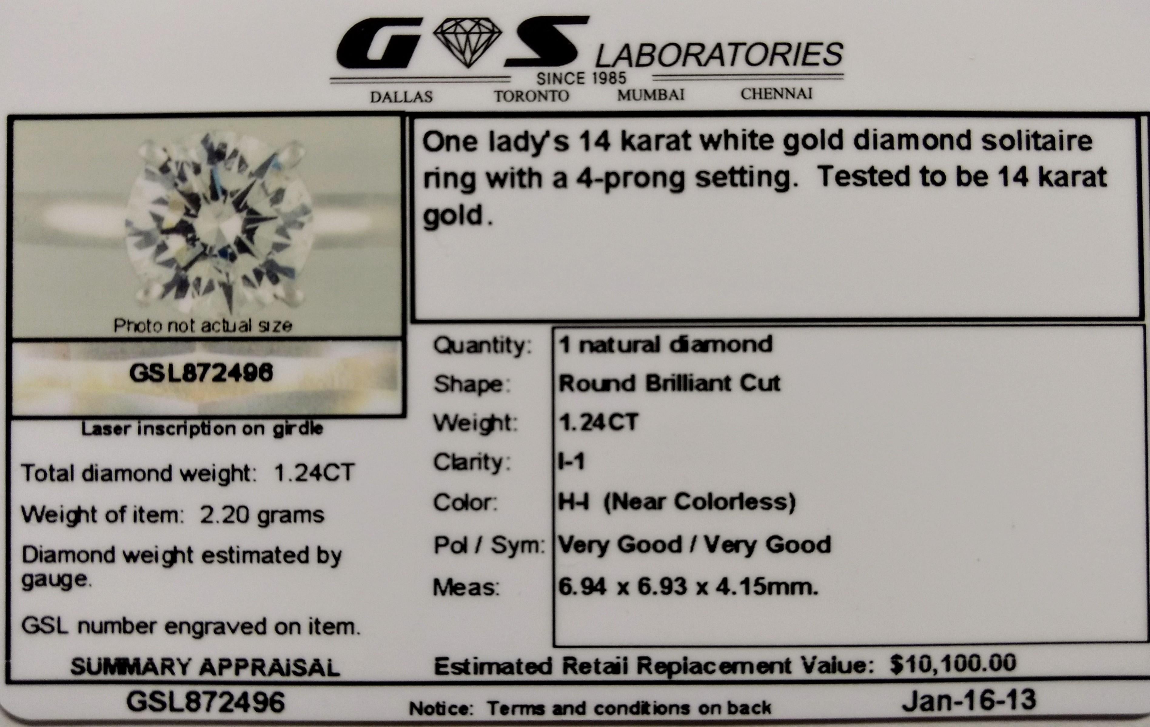 White Gold Diamond Engagement Ring, 18 Karat Round Brilliant Cut 2.22 Carat GSL In Excellent Condition In Greensboro, NC