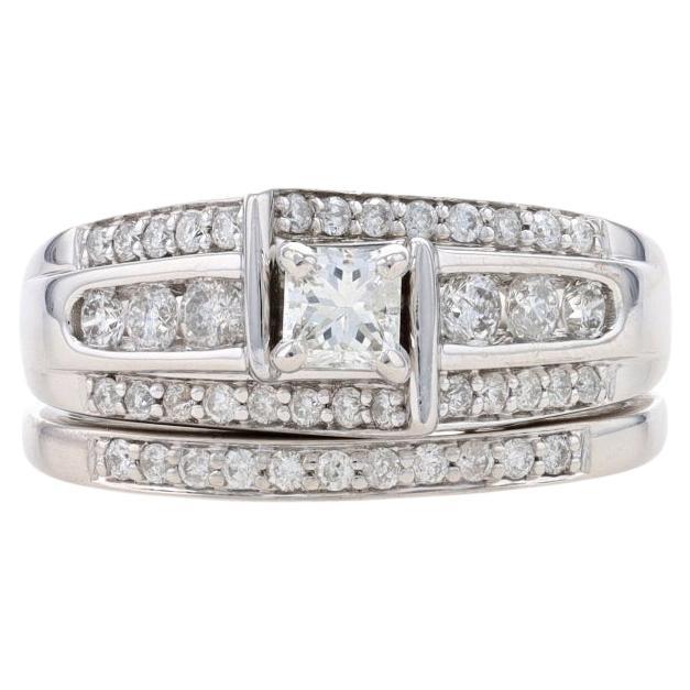 White Gold Diamond Engagement Ring & Wedding Band - 14k Princess 1.00ctw Bypass For Sale