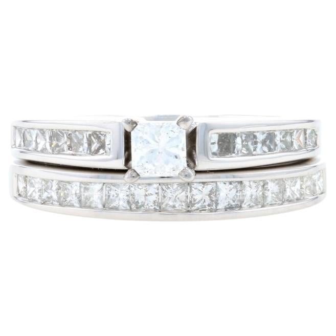 White Gold Diamond Engagement Ring & Wedding Band - 14k Princess 1.33ctw For Sale