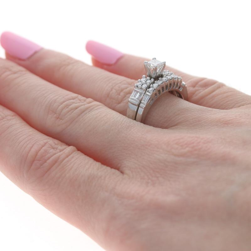 Women's White Gold Diamond Engagement Ring & Wedding Band - 14k Princess Cut .96ctw For Sale