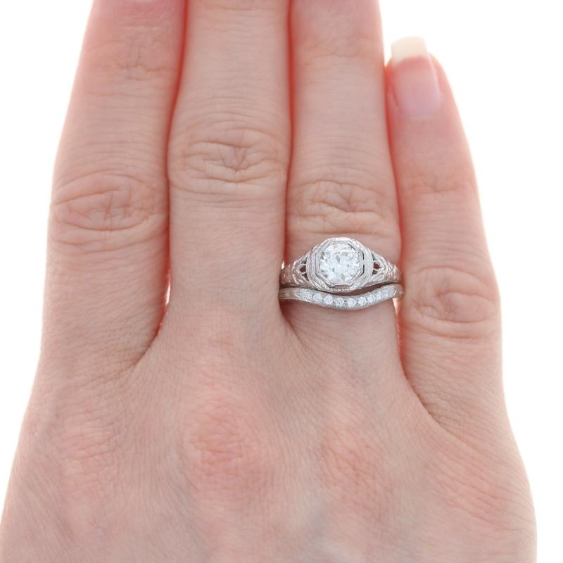 Old European Cut White Gold Diamond Engagement Ring & Wedding Band - 18k European .85ctw EGL USA For Sale