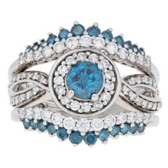 White Gold Diamond Ring and Wedding Bands, 14 Karat Round 1.50 Carat Blue Halo