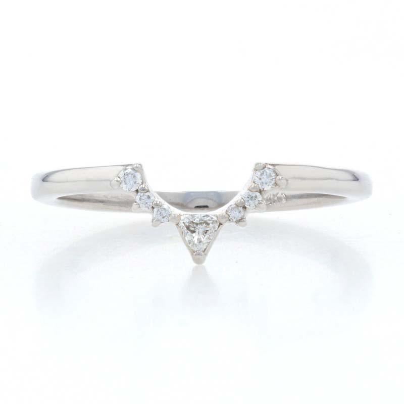 Size: 6 3/4 
Sizing Fee: Up to 2 sizes for $35 or Down to 2 sizes for $30

Metal Content: 14k White Gold 

Stone Information: 
Natural Diamonds 
Total Carats: .10ctw
Cuts: Trillion & Round Brilliant 
Color: G 
Clarity: SI1 

Center Opening at Top