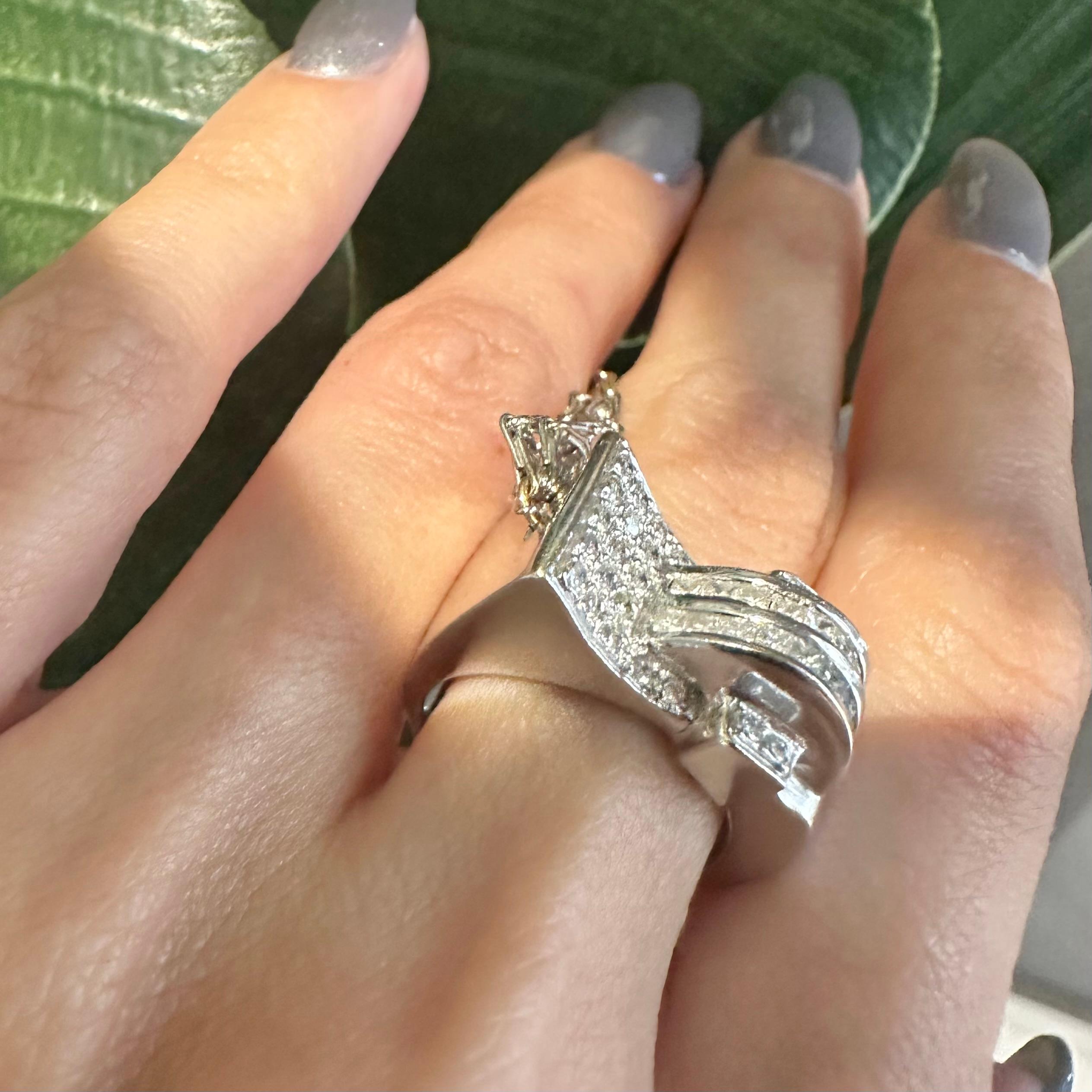 Women's or Men's White Gold Diamond Falling Stars, Hearts, and Moon Dangle Ring For Sale