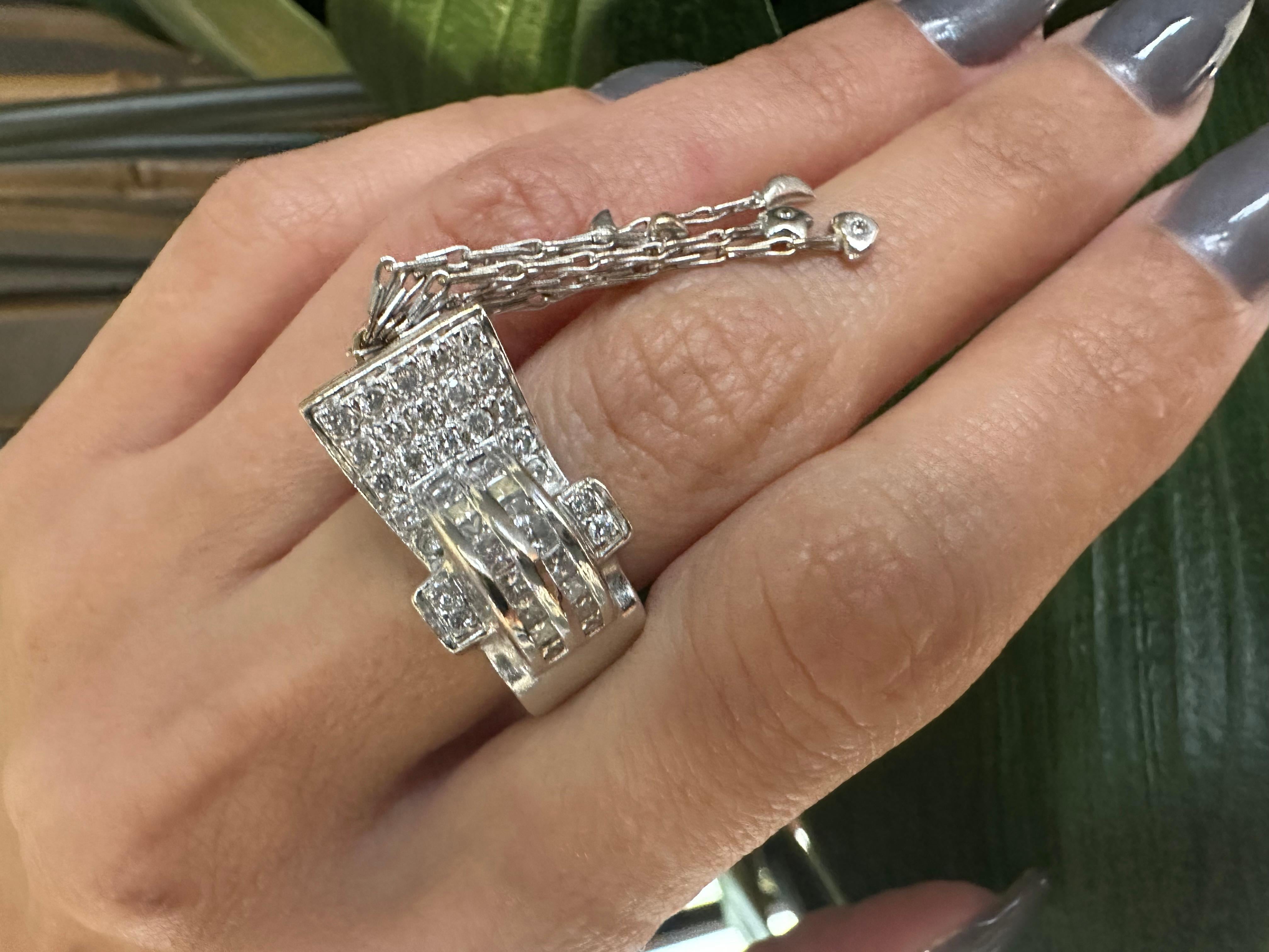 White Gold Diamond Falling Stars, Hearts, and Moon Dangle Ring For Sale 1