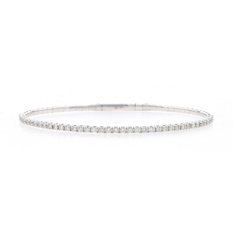 Metall Inhalt: 14k Weißgold

Informationen zu Stein

Natürliche Diamanten
Karat(e): 1.00ctw
Schliff: Runder Brillant
Farbe: I - J
Reinheit: SI1 - SI2

Karat gesamt: 1.00ctw

Stil: Flex-Armreif
Verschluss-Typ: Schnappverschluss

Messungen
Innerer