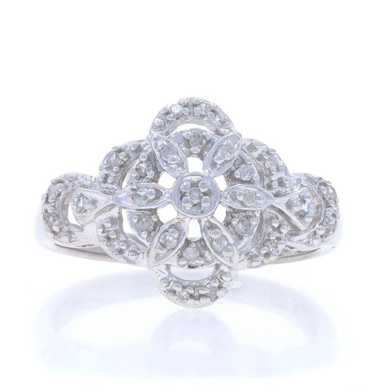 Size: 7 1/4
Sizing Fee: Up 1 size for $40

Metal Content: 14k White Gold

Stone Information

Natural Diamonds
Carat(s): .15ctw
Cut: Single
Color: G - H
Clarity: I1 - I2

Total Carats: .15ctw

Style: Cluster
Theme: Floral
Features: Open Cut