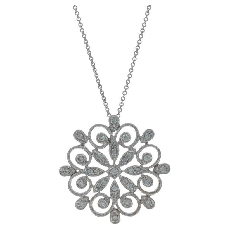 White Gold Diamond Floral Medallion Pendant Necklace 16 1/4" - 14k Round .33ctw For Sale