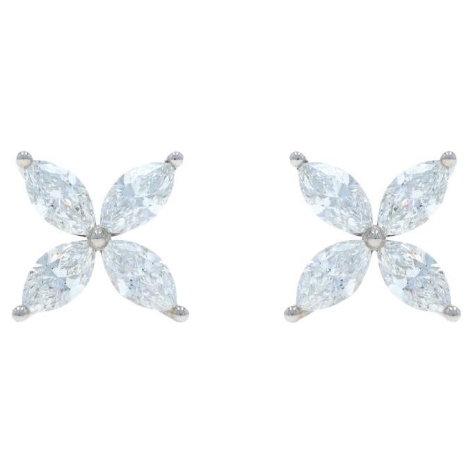 Boucles d
oreilles or blanc diamant floral - 18k Marquise 4.13ctw Leaves Pierced