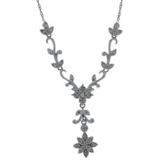 White Gold Diamond Floral Vine Lariat Necklace 18 1/4" - 10k Single Cut .15ctw