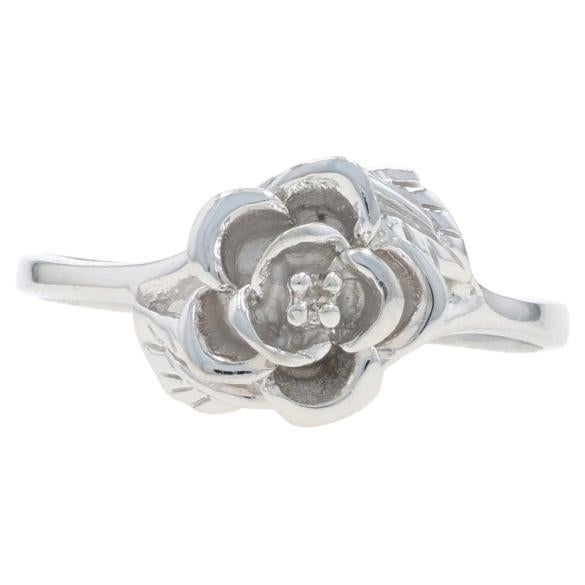 White Gold Diamond Flower Blossom Ring - 10k Single Cut Solitaire