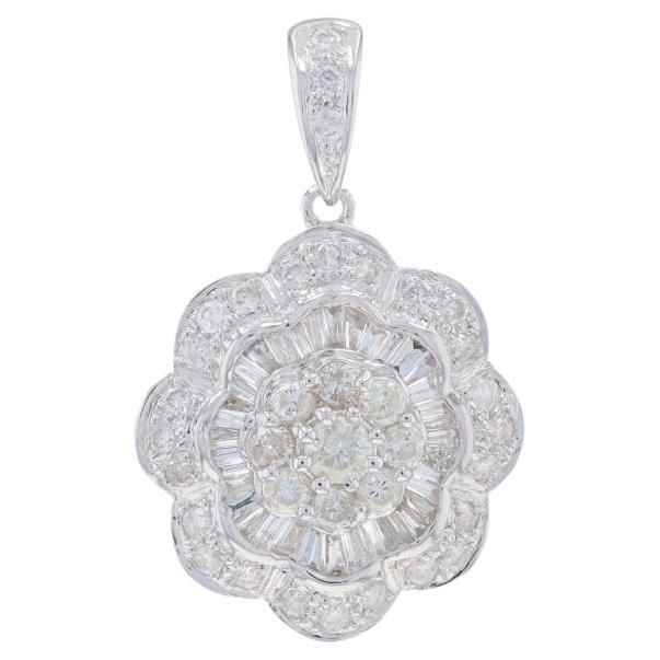 White Gold Diamond Flower Cluster Double Halo Pendant 18k Rnd & Baguette 2.00ctw For Sale