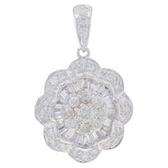 White Gold Diamond Flower Cluster Double Halo Pendant 18k Rnd & Baguette 2.00ctw