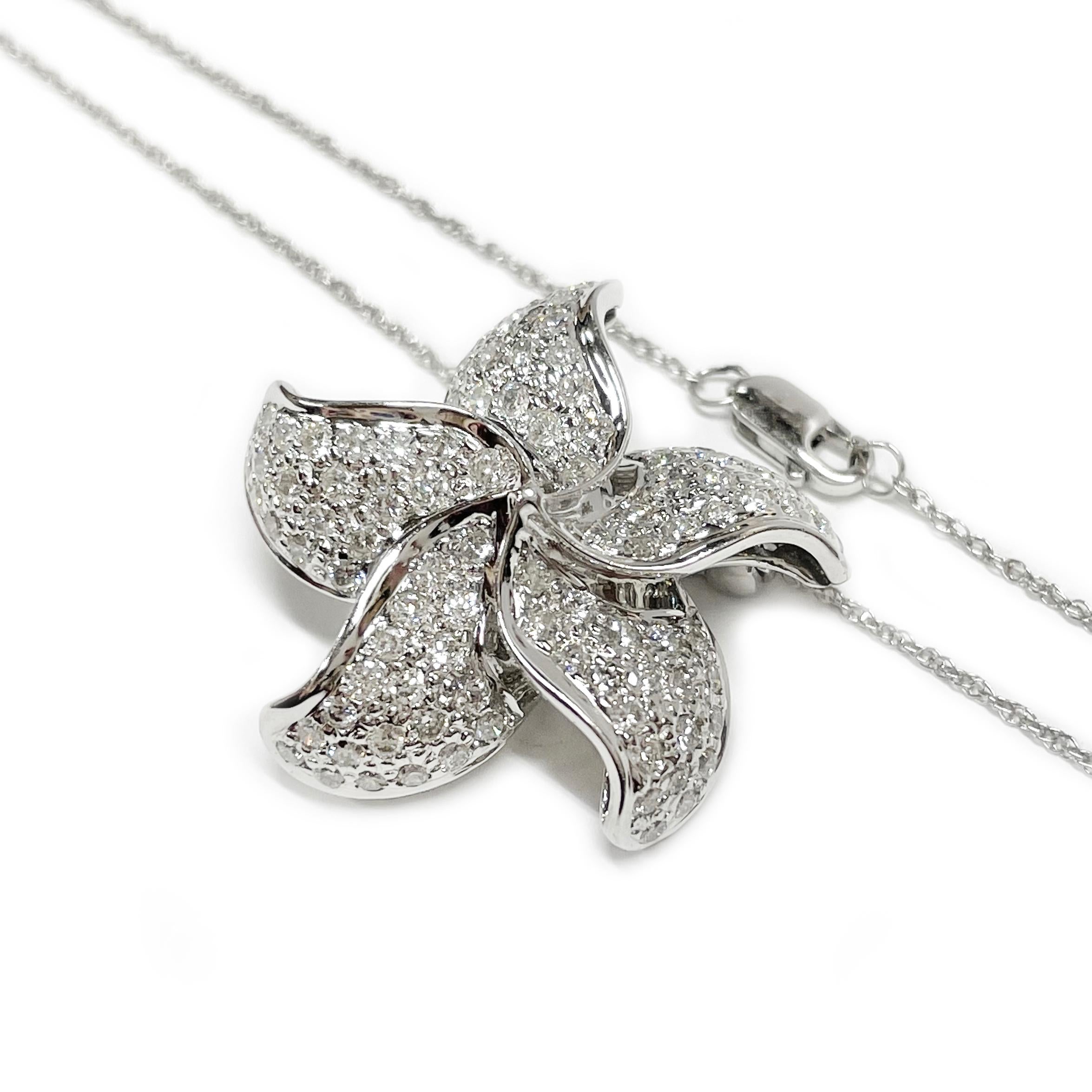 Contemporary White Gold Diamond Flower Pendant/Brooch Necklace