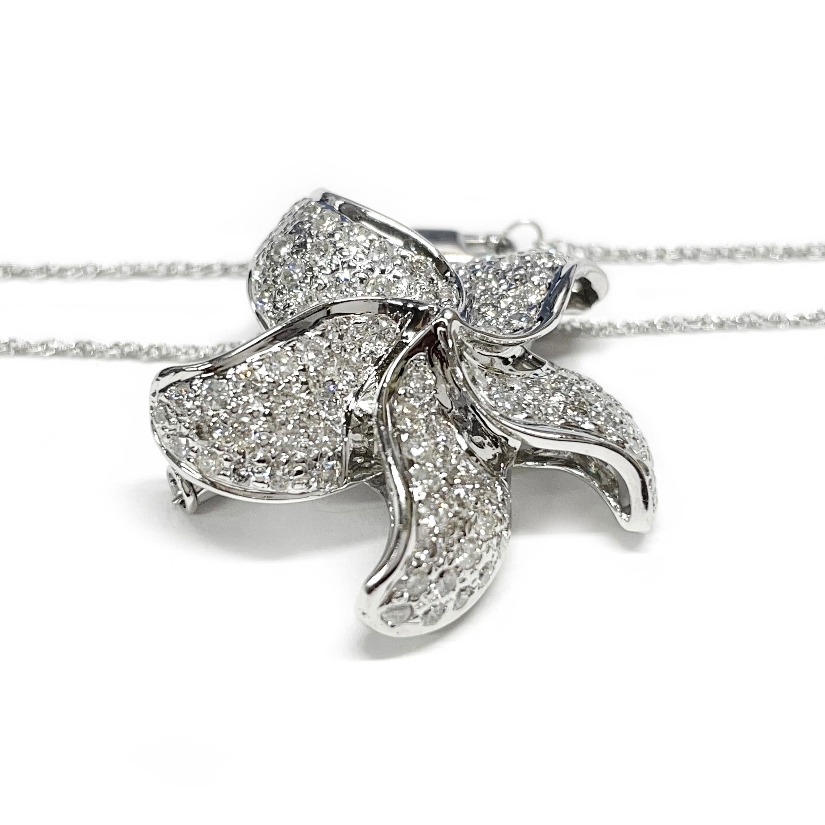Round Cut White Gold Diamond Flower Pendant/Brooch Necklace