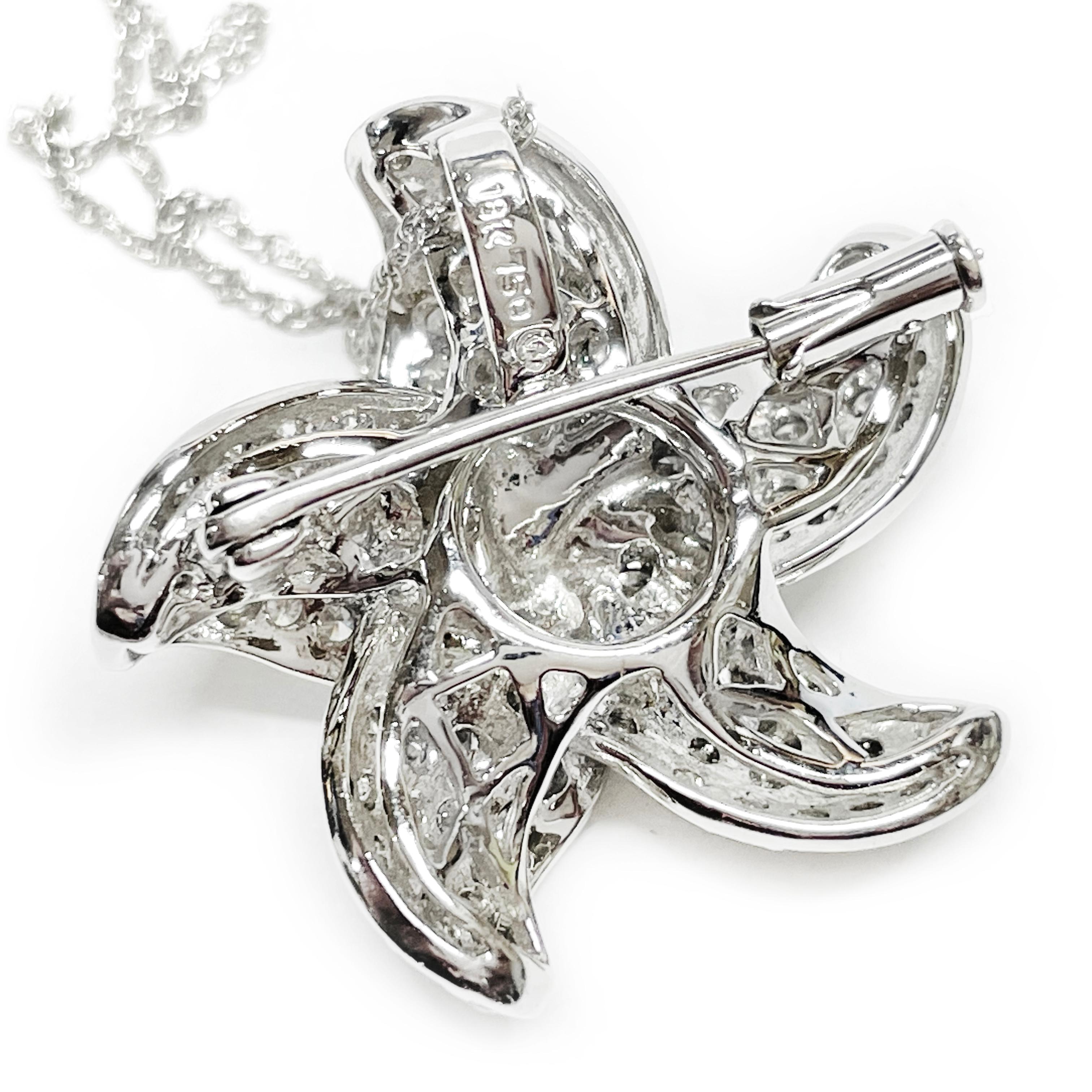 Women's or Men's White Gold Diamond Flower Pendant/Brooch Necklace