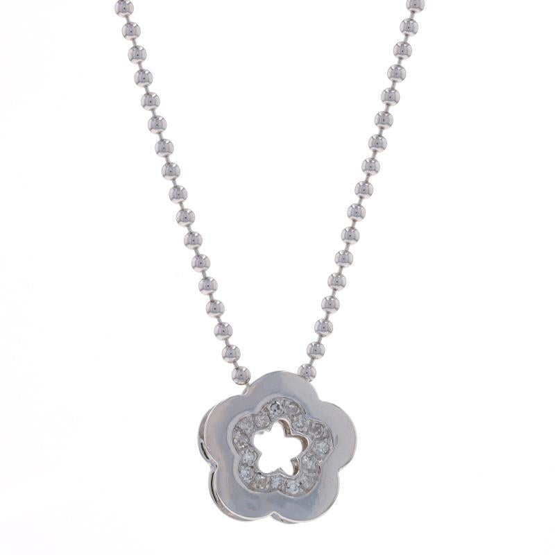 Metal Content: 14k White Gold

Stone Information

Natural Diamonds
Carat(s): .10ctw
Cut: Single
Color: G - H
Clarity: SI1 - SI2

Total Carats: .10ctw

Chain Style: Bead
Necklace Style: Chain
Fastening Type: Spring Ring Clasp
Theme: Flower,