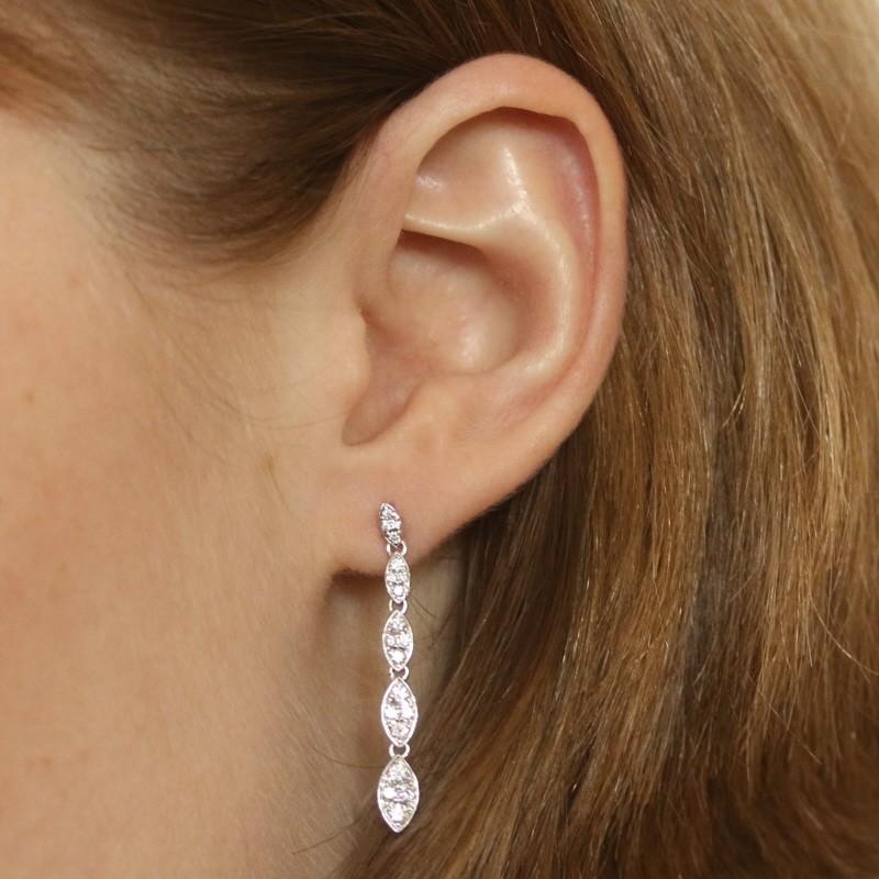 Round Cut White Gold Diamond Graduated Cluster Dangle Earrings - 18k Round .62ctw Journey For Sale